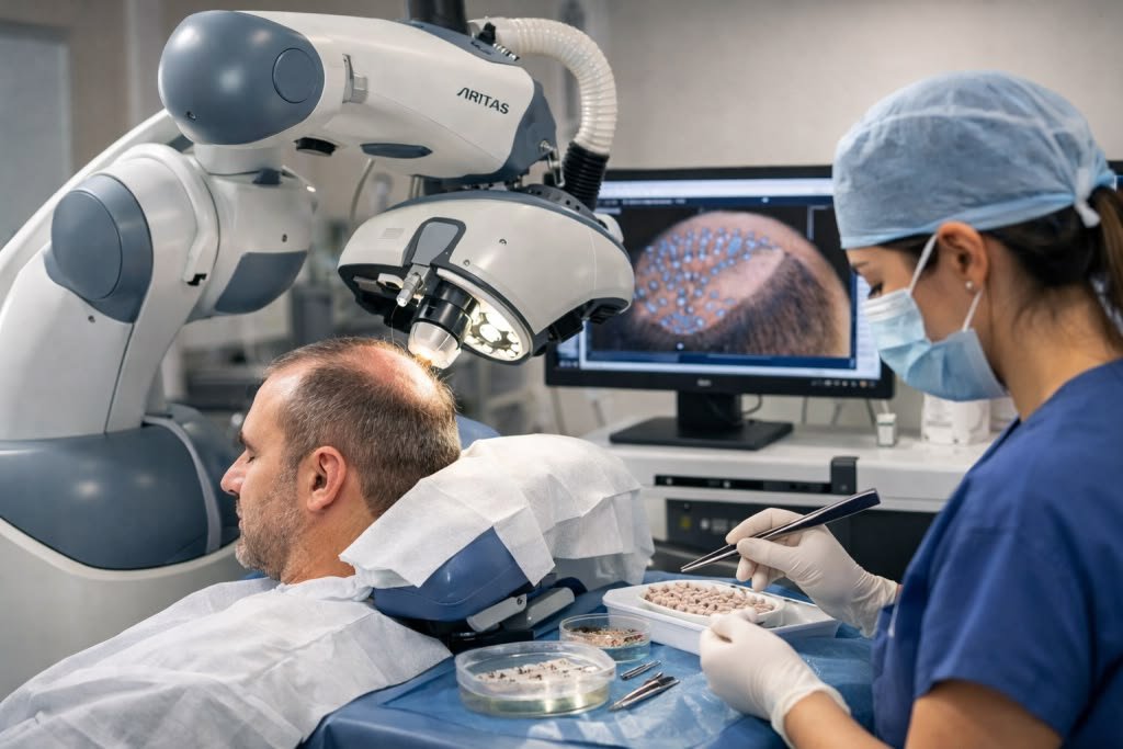 3D plaukų folikulų skenavimas robotine įranga Stambulo klinikoje